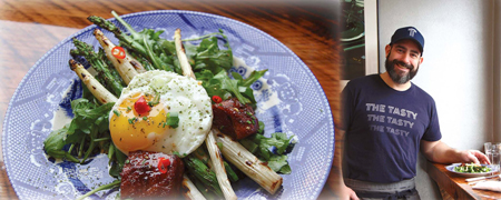 Mizo-Glazed Pork Belly With Asparagus, Fried Egg & Nori