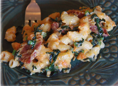 Roasted Sweet Potato Mac & Cheese with Kale and Linguica